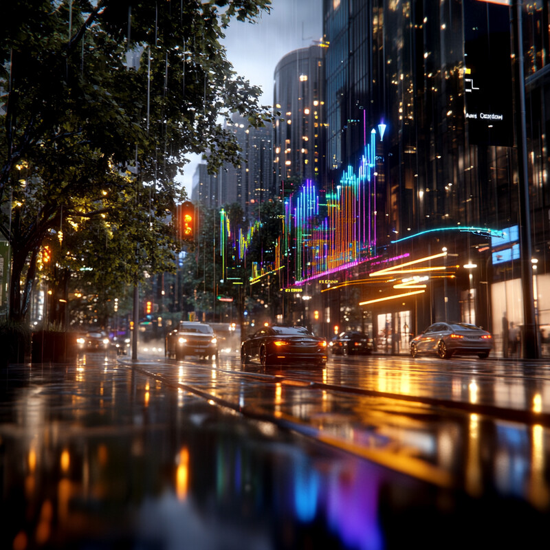 A rainy day in the city, with cars driving down the road and people walking on the sidewalk.