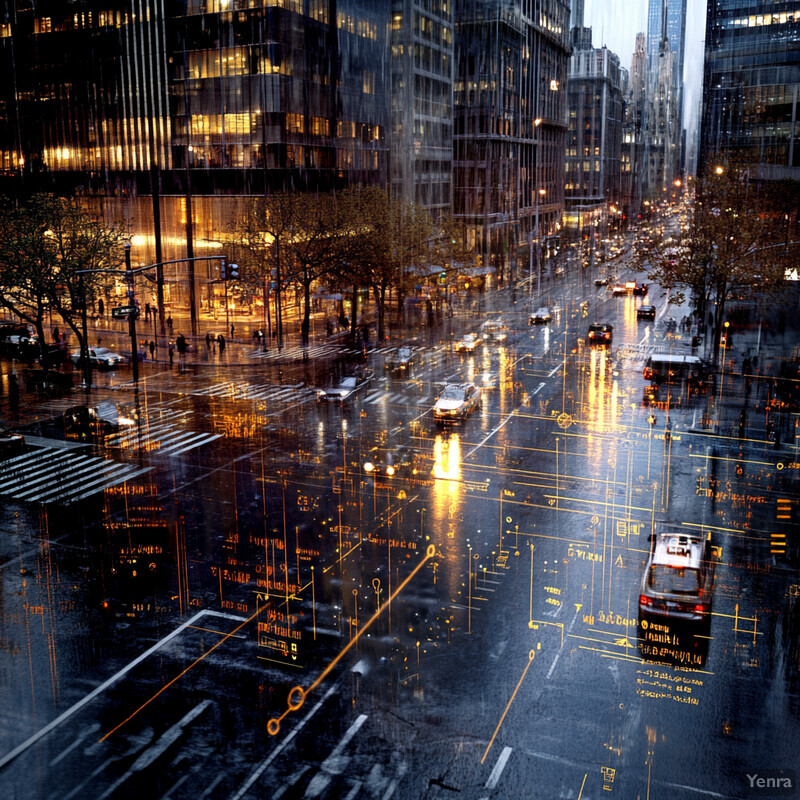 A rainy city street at night with a focus on integrating traffic and meteorological data.