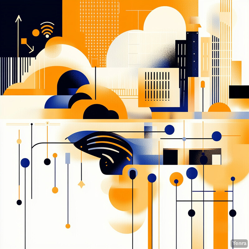 A vibrant abstract composition featuring geometric shapes and lines in orange, blue, and white.