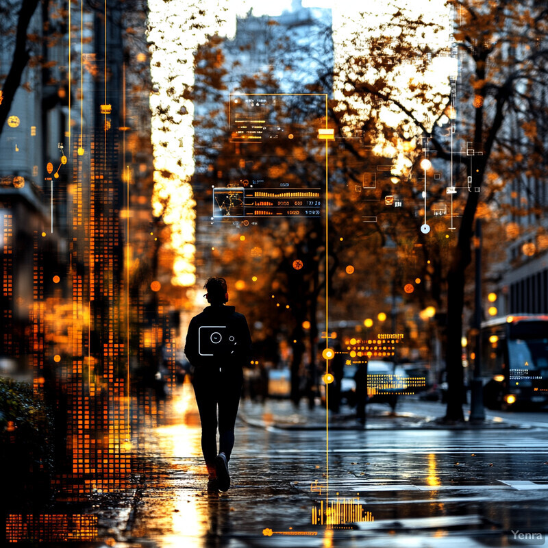 A woman walks down a city street at dusk or dawn.