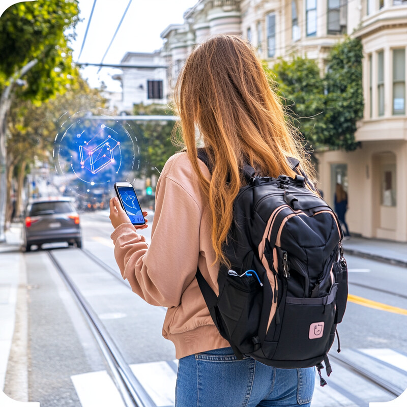 A young woman stands on a city street, facing away from the camera and towards the left side of the frame.