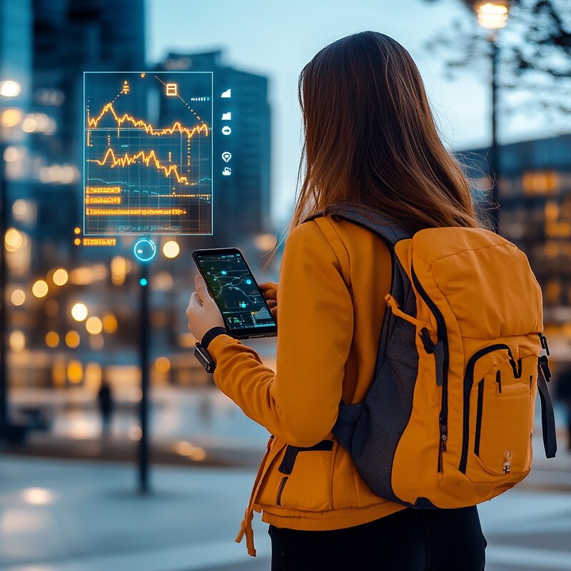 A woman stands on a city street, looking at her phone with a serious expression.