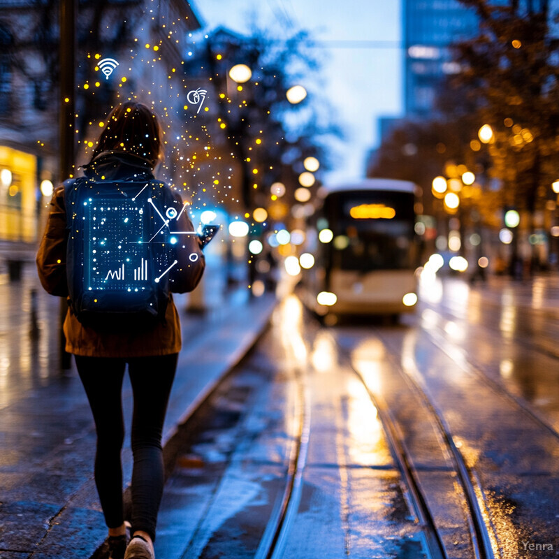 A woman walking down a city street at night with a backpack on her shoulders.