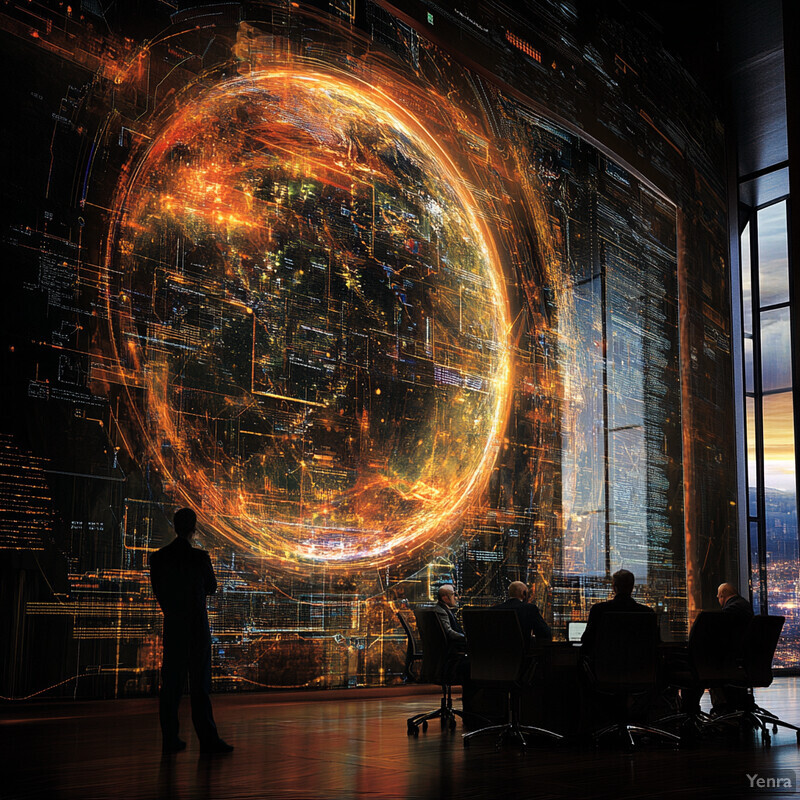 A futuristic-looking room with a large screen displaying an orange and yellow globe.