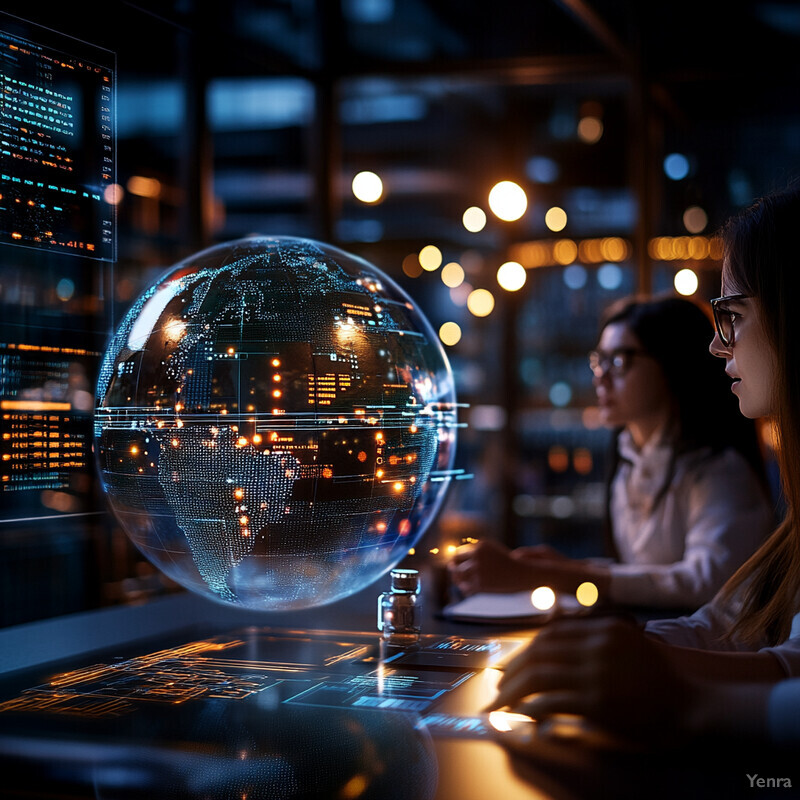 Two women are intensely focused on a large screen displaying data and graphs in an office setting.