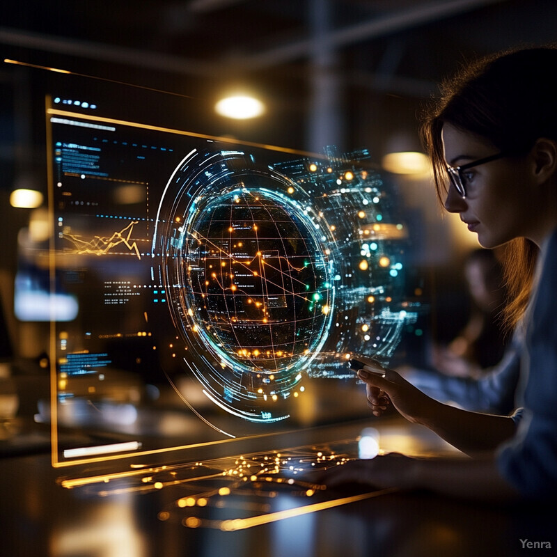 A woman is intently examining an advanced analytics display projected onto a transparent screen.