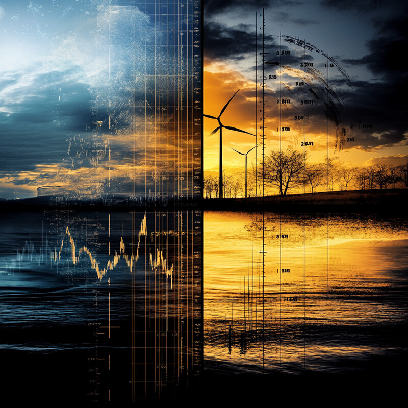 A scenario analysis for climate change featuring wind turbines and trees in a split-screen image.