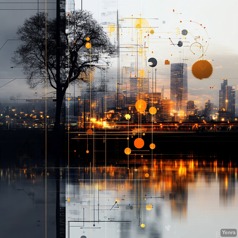 A cityscape at dusk with a tree and water in the foreground.