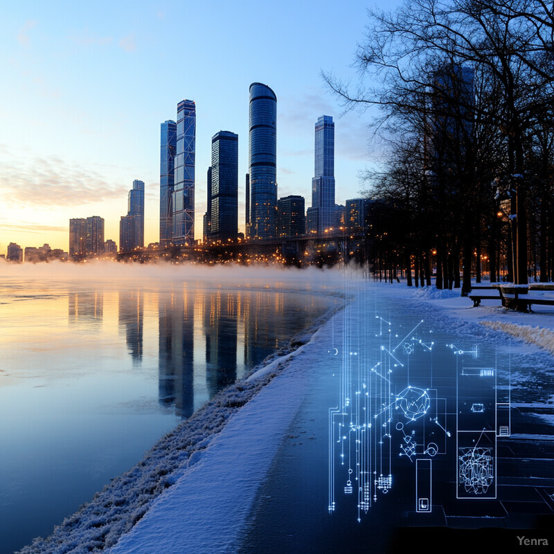 A serene cityscape at dusk or dawn, with modern and traditional architecture, reflecting off wet pavement, and a group of people walking towards the camera.