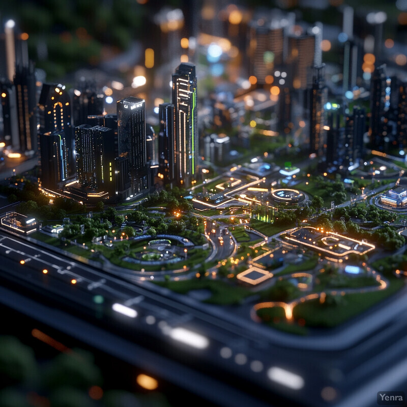 A cityscape at night with towering skyscrapers and a bustling fountain.