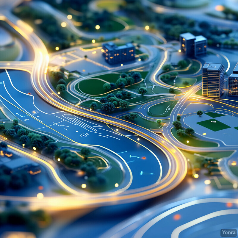 An urban planning model showcasing a city's infrastructure and transportation systems.