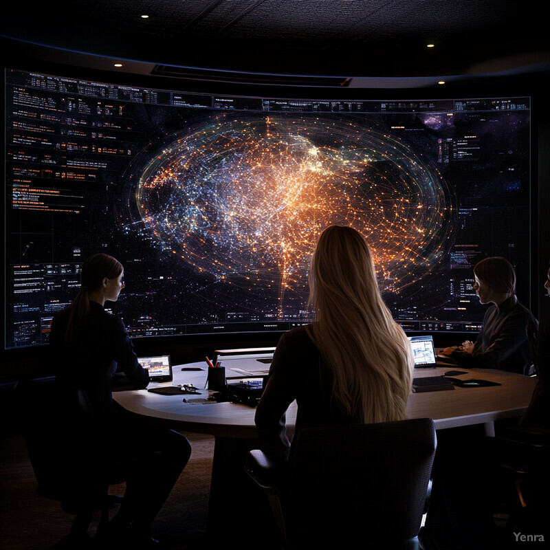 A group of people are gathered around a table in front of a large screen displaying a complex network diagram.