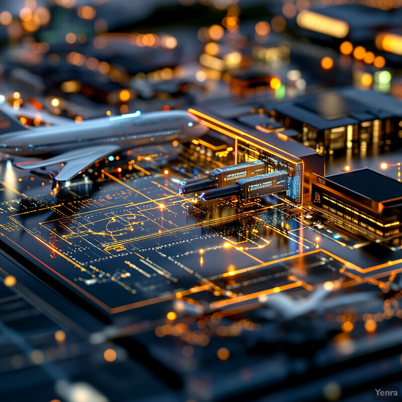 A miniature diorama of an airport terminal building with a large aircraft on the tarmac.