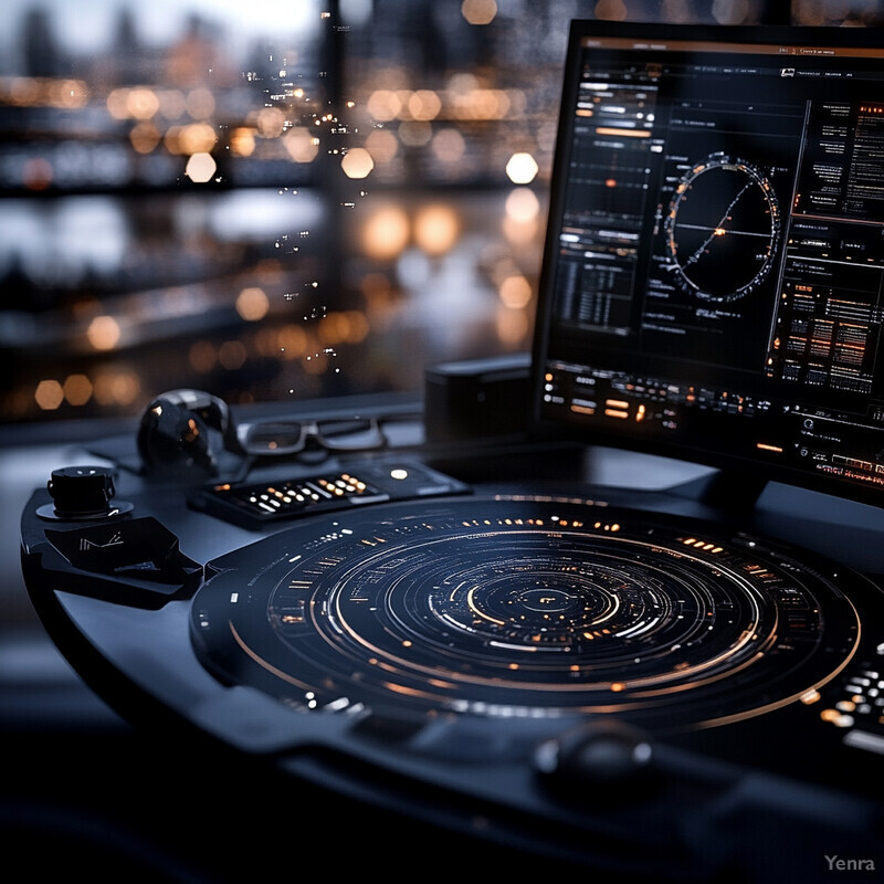 A futuristic control room with a large circular screen and multiple console monitors displaying various data.