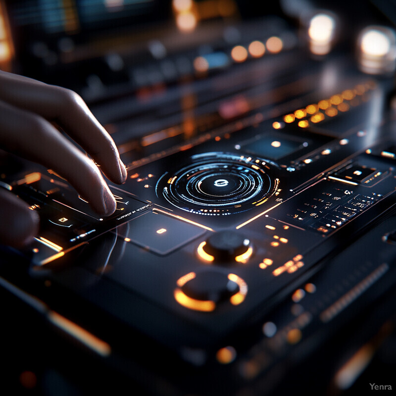 A person is expertly operating a DJ controller in a dimly lit room with various equipment and cables scattered about.