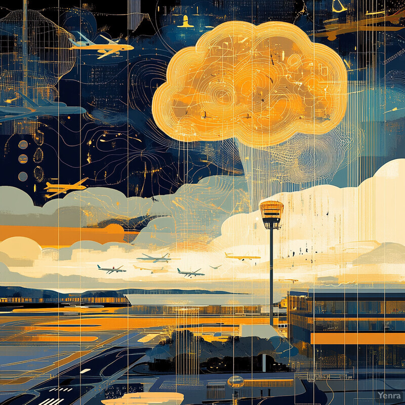 An airport scene with planes and clouds.