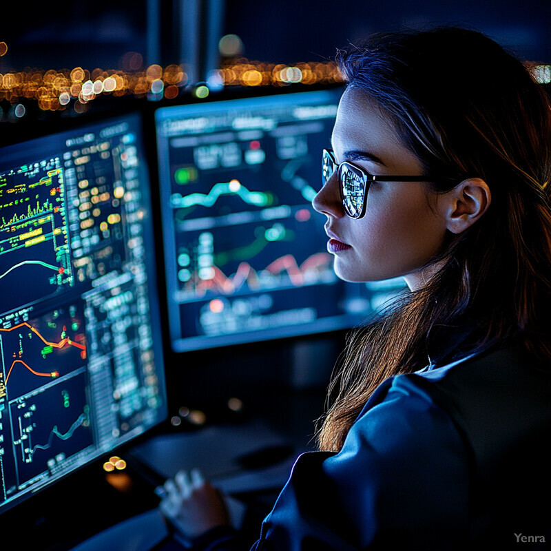 A woman intently examines multiple computer screens displaying various graphs and charts in an office setting or control room.