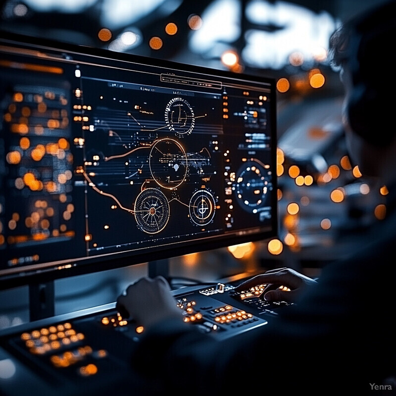 A person is intently working on a computer in a control room setting, surrounded by multiple screens displaying a complex system or network.