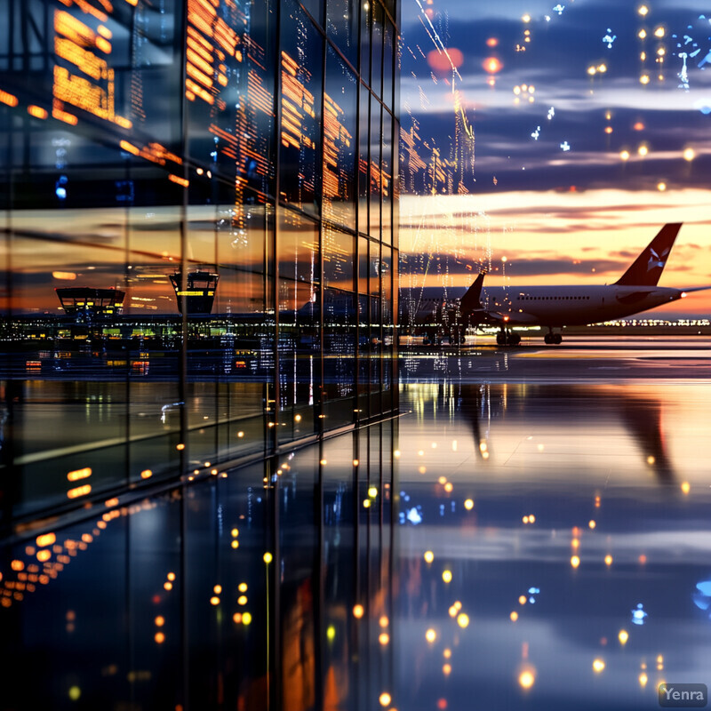 Airport terminal at sunset, with a focus on the departure board and plane parked outside.