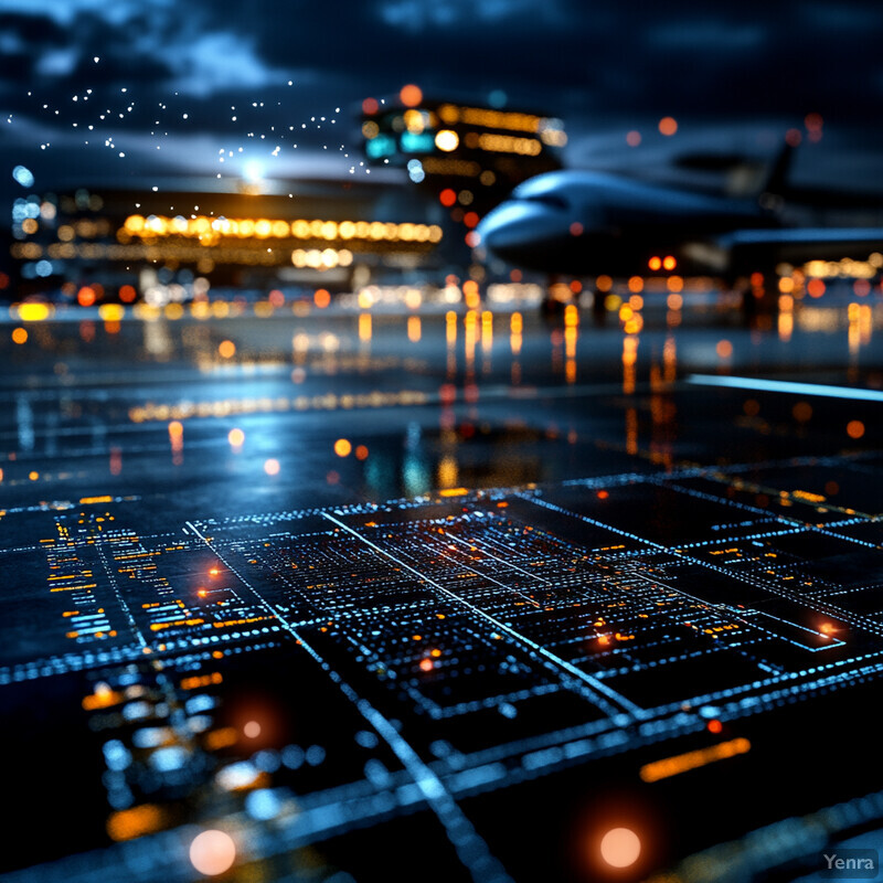 A computer-generated image of an airport terminal at night, featuring various screens and displays with people milling about in the background.