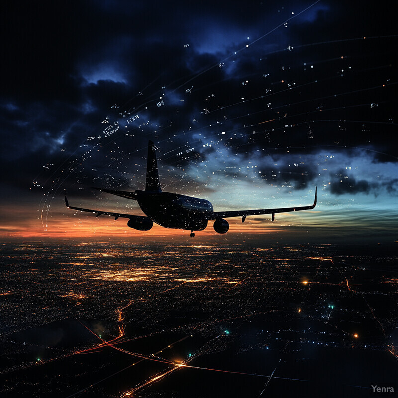 An airplane soars through the sky at dusk or dawn, with a digitally altered background featuring clouds and stars.