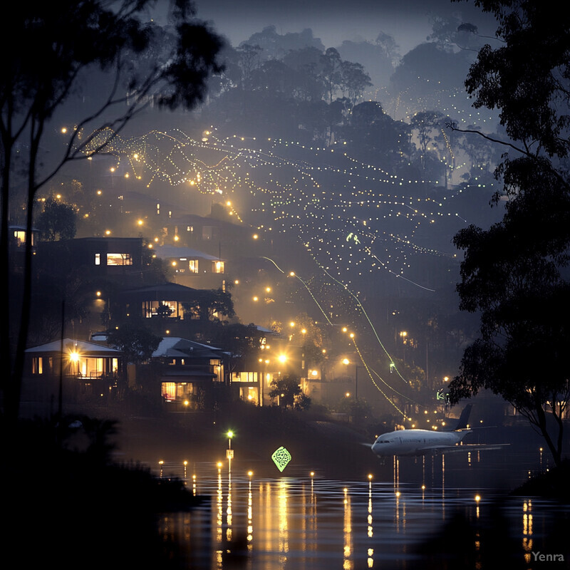 A peaceful nighttime scene of a residential area nestled in a wooded area.