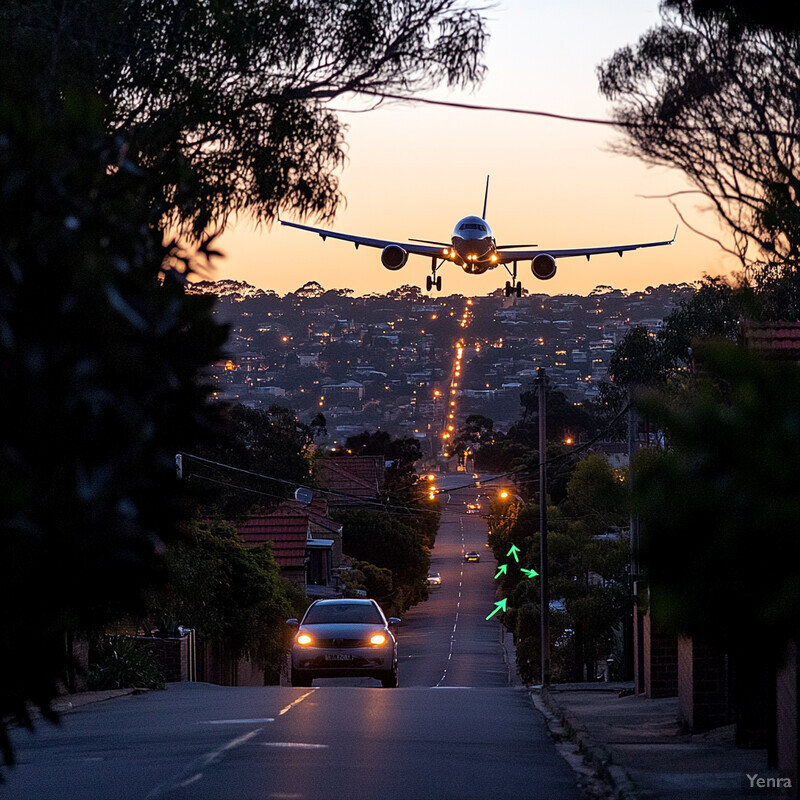 Airplane flying over city street at dusk or dawn.