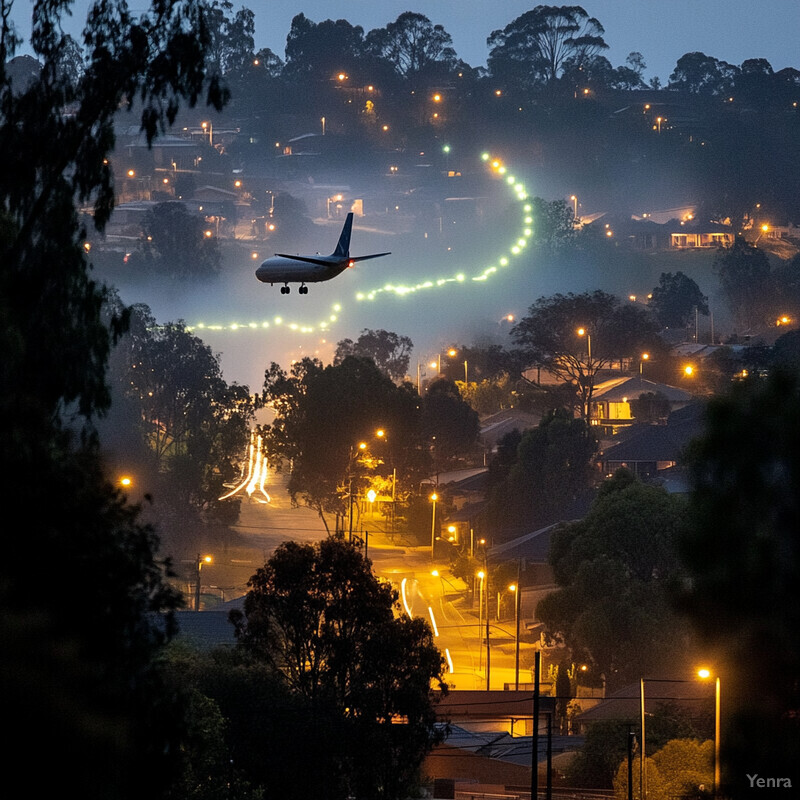 An airplane flying over a residential area with its landing lights illuminated.