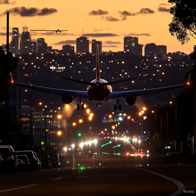 An airplane descending onto a runway at dusk, with the cityscape in the background.