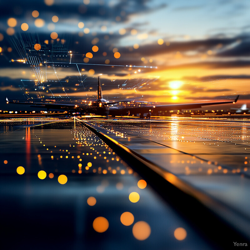 A serene scene of an airport runway at sunset, with a plane on the tarmac and a city skyline in the background.