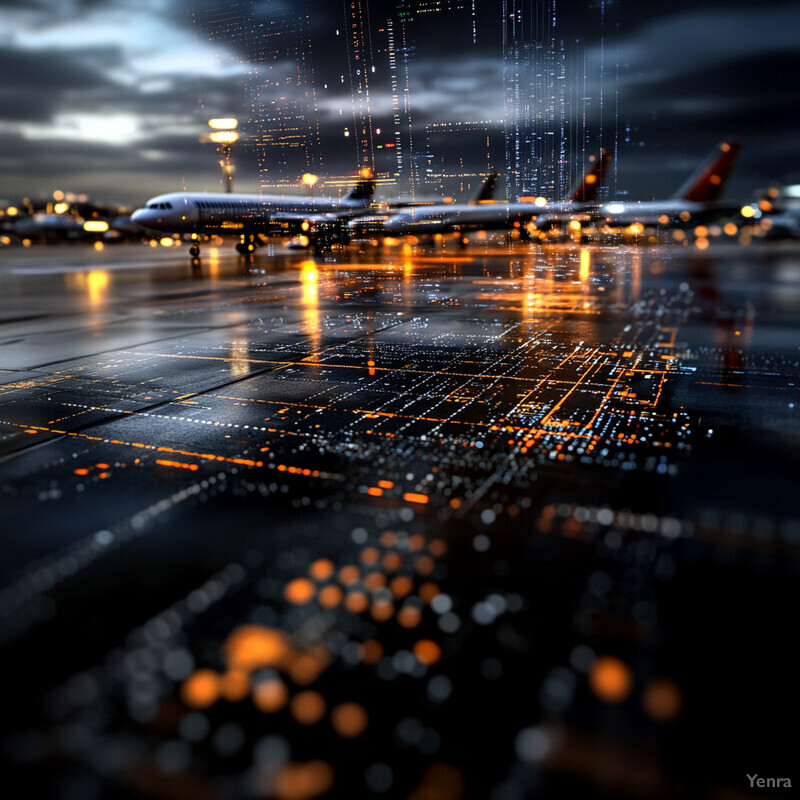 An airport scene at night, with several airplanes parked on the tarmac and their lights reflecting off the wet ground.