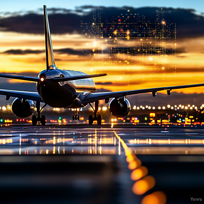 An airplane is shown on a runway at sunset or sunrise, with its body predominantly white and some subtle blue and yellow accents visible through the windows.