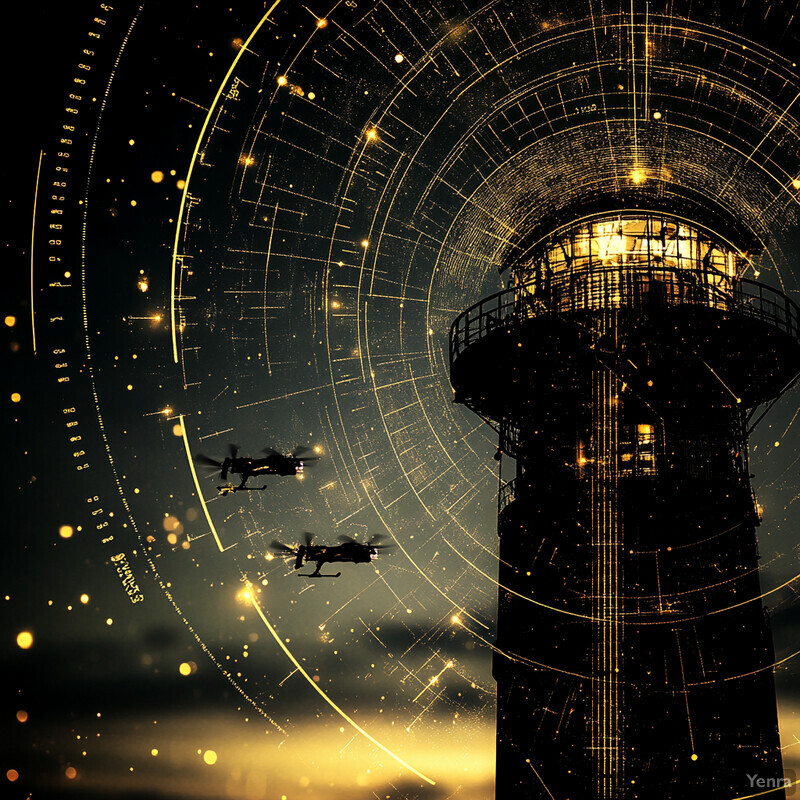 A futuristic and industrial scene featuring a lighthouse with four helicopters in flight against a starry sky.