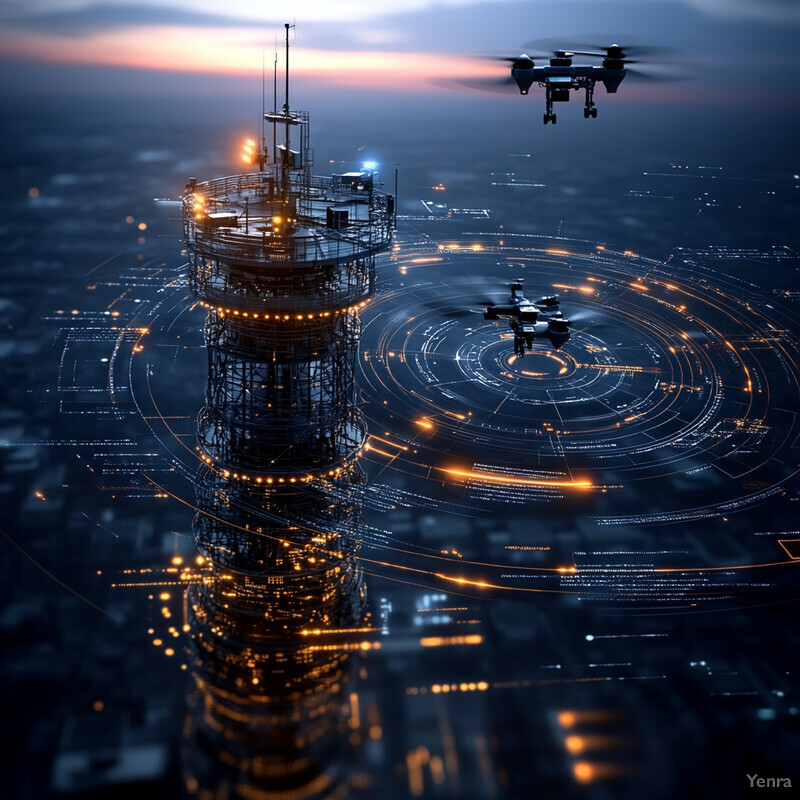 Two drones fly above a large structure in a cityscape at night.