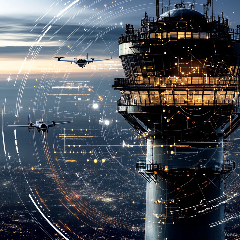 Airport control tower at night with airplanes flying in the sky.