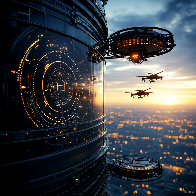 A futuristic scene with a large drone and smaller drones flying around it, set against a cloudy gray sky.