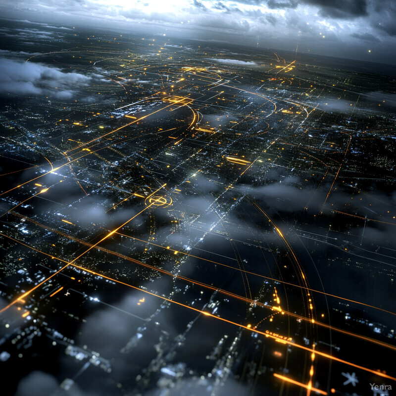 Aerial view of a city's traffic flow management system at night.