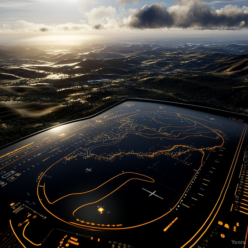 Aerial view of a large, rectangular area with a black surface and orange markings.