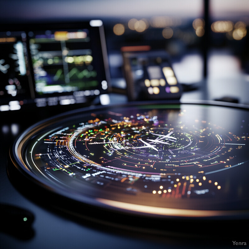 Futuristic control room with large circular screen displaying flight paths.