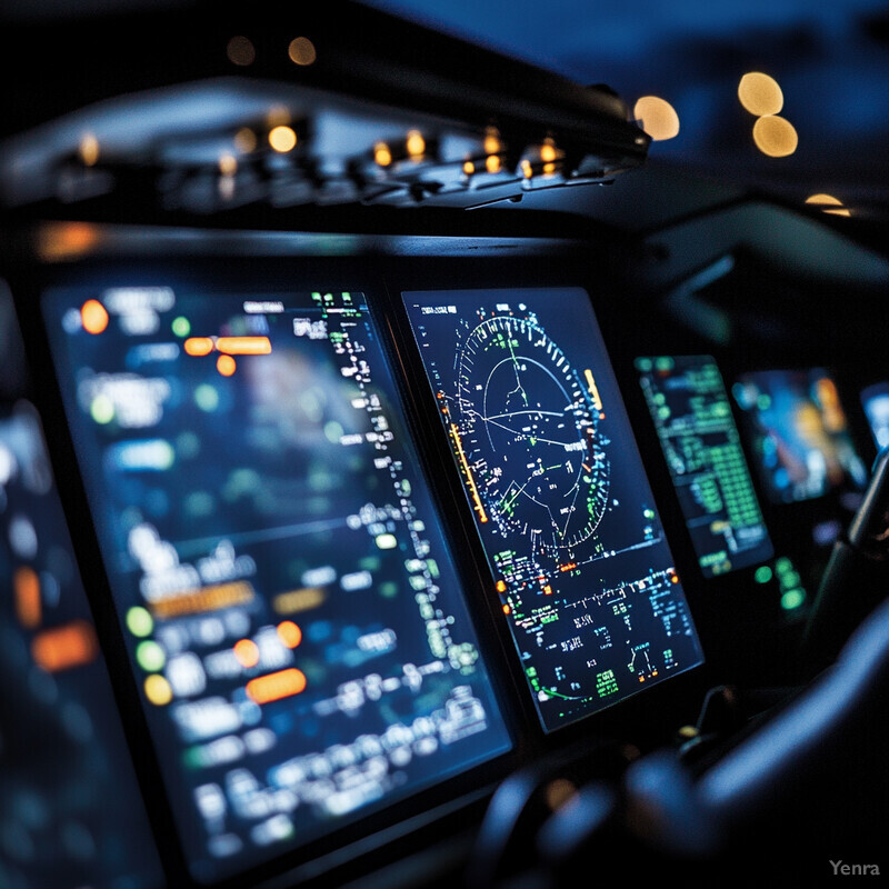 The image shows a cockpit with multiple screens displaying various information.