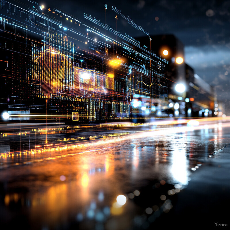 A nighttime scene of a city street with various objects and lights.