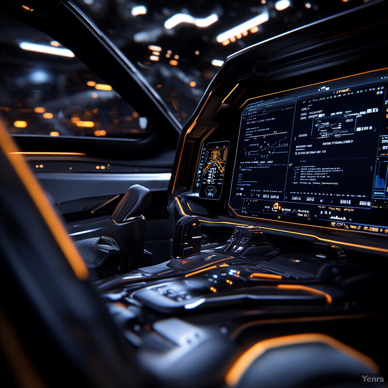 Futuristic dashboard with large screen and controls.