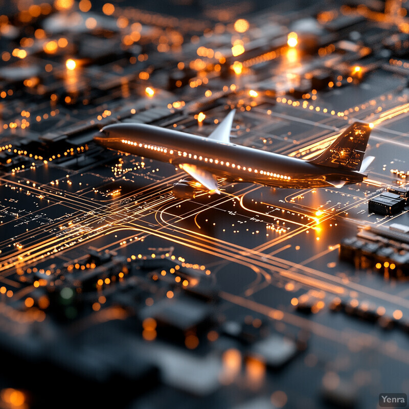 An airplane is seen on a runway at night, its landing lights casting a warm glow over the surrounding area.