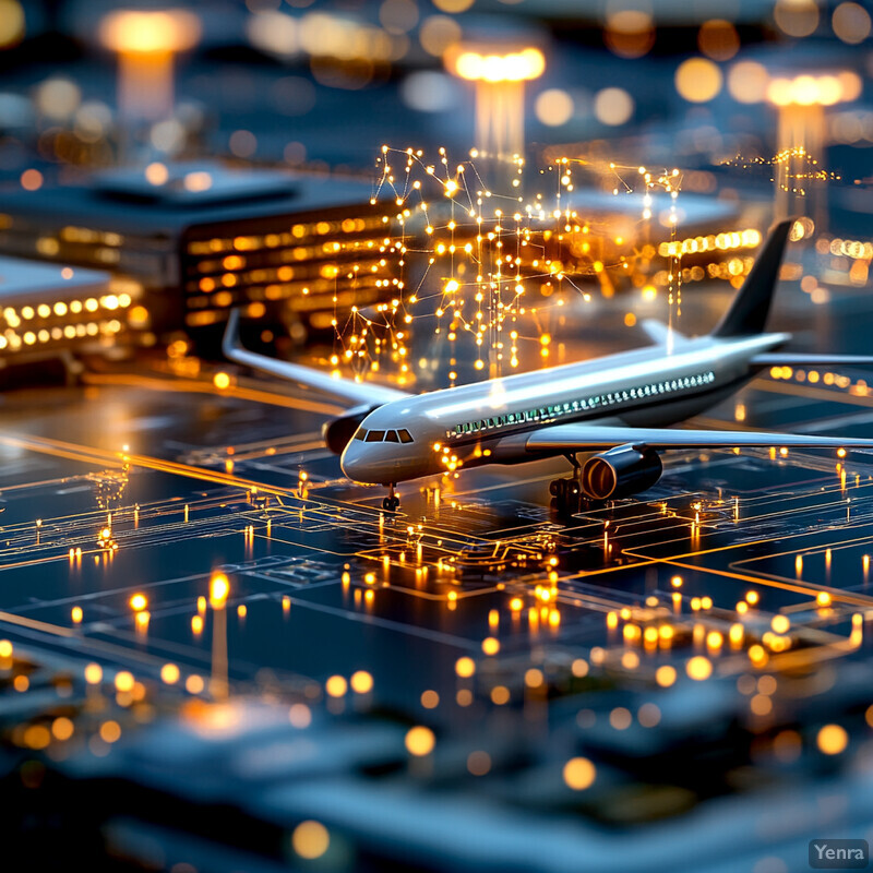 Airplane on runway at night.