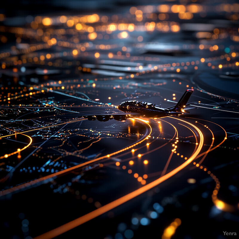 An airplane is positioned on a runway at night, with its lights illuminating the surrounding area.