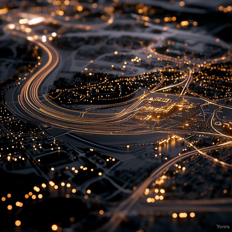 Aerial view of a city or town at night, with roads and buildings illuminated by streetlights and building lights.