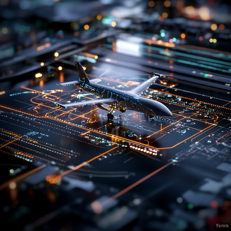 A digital representation of an airport runway and surrounding infrastructure, featuring various components and features.