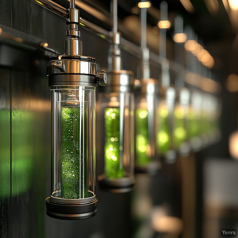 A row of glass cylinders containing green liquid with white specks, suspended from metal rods against a black wall.