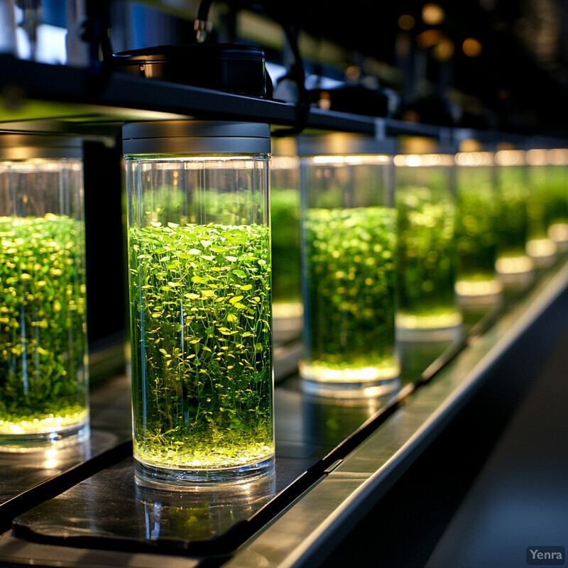 A row of automated camera-based growth tracking systems filled with small leafy plants or seedlings submerged in a clear liquid.