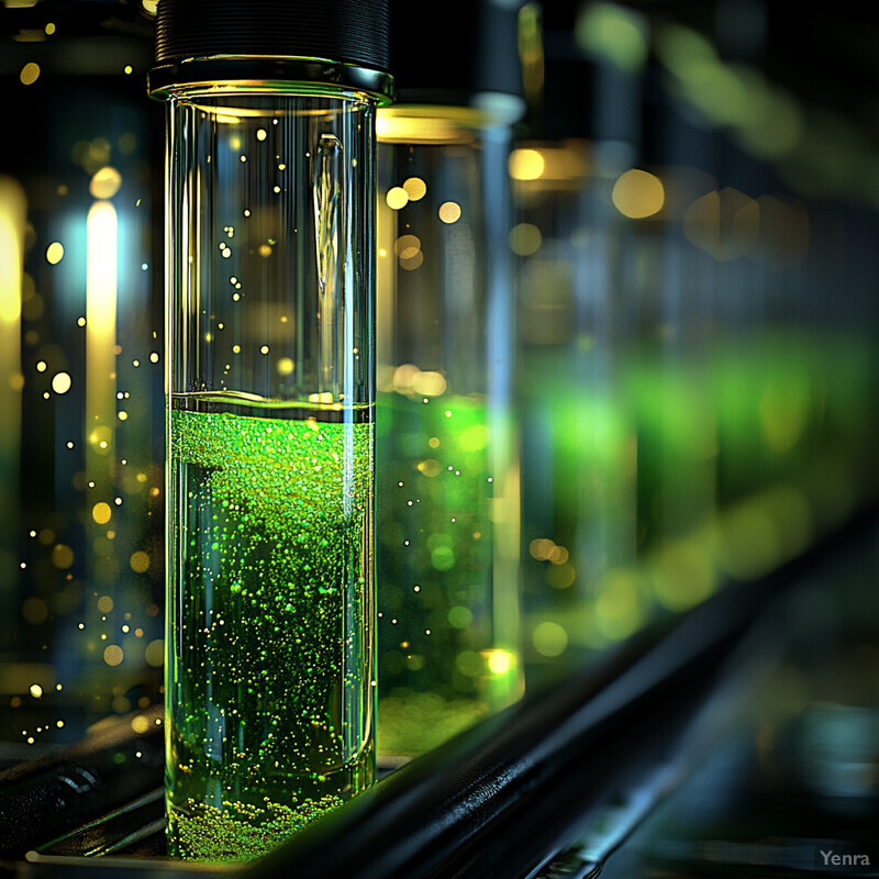 Close-up view of glass tubes filled with green liquid in a laboratory setting.